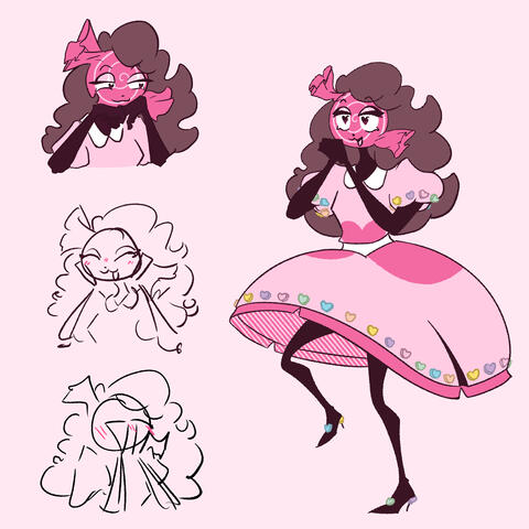 Love has a pink piece of candy for a head, brown hair, and a poofy short pink dress with pink hearts lacing it.