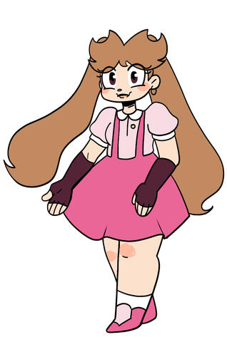 A feminine presenting character with light brown pigtails, a circular nose, and a light pink collared shirt with a darker pink skirt with suspenders. She has gold star earrings and long black fingerless gloves.