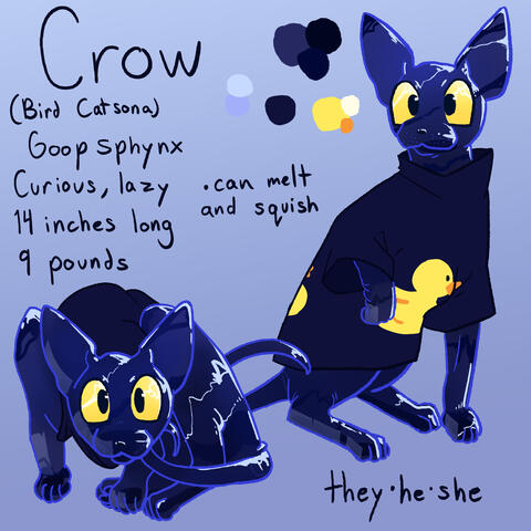 A dark blue cat character that is a sphinx cat but made of a gelatan-like goop. The cat also has a dark blue sweater with a rubber duck on it, and yellow eyes.