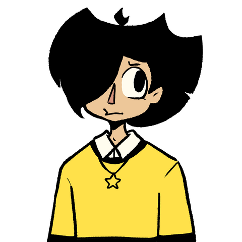 A masculine presenting character with black hair over one eye, a triangle nose, and a yellow sweater with a star necklace.