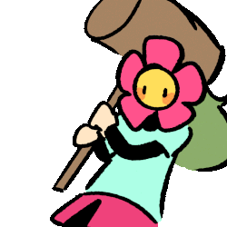 A simple repeating animation of my main persona Heevan (a feminine human character with a flower for a face) hitting a large hammer towards the fourth wall.