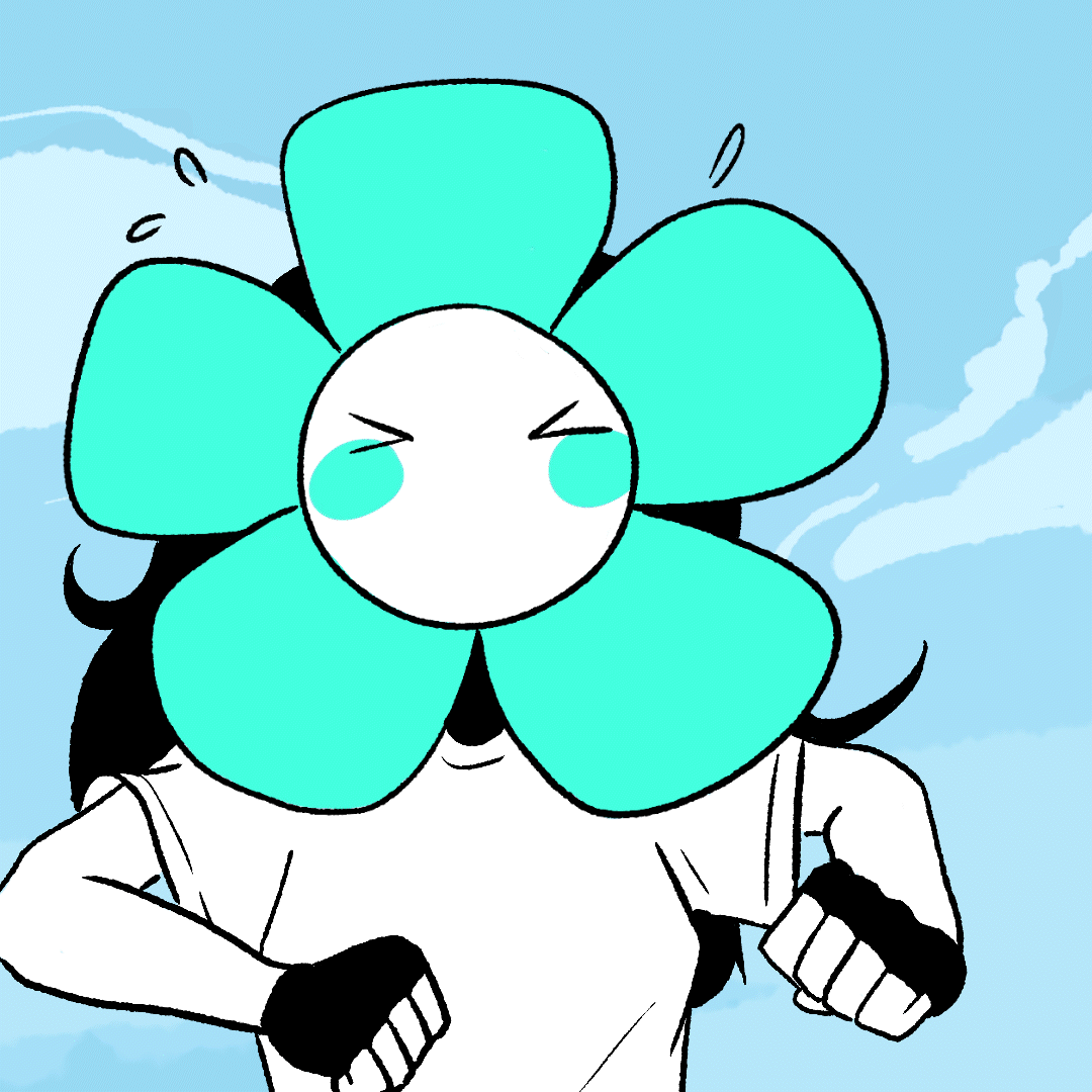 my main persona Heevan (a feminine human character with a flower for a face) moving wildly based off Ena by Joel G