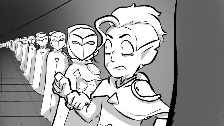 A storyboard concept still of Hunter from the owl house in a line of golden guards. The most recent one with a grip on his wrist.