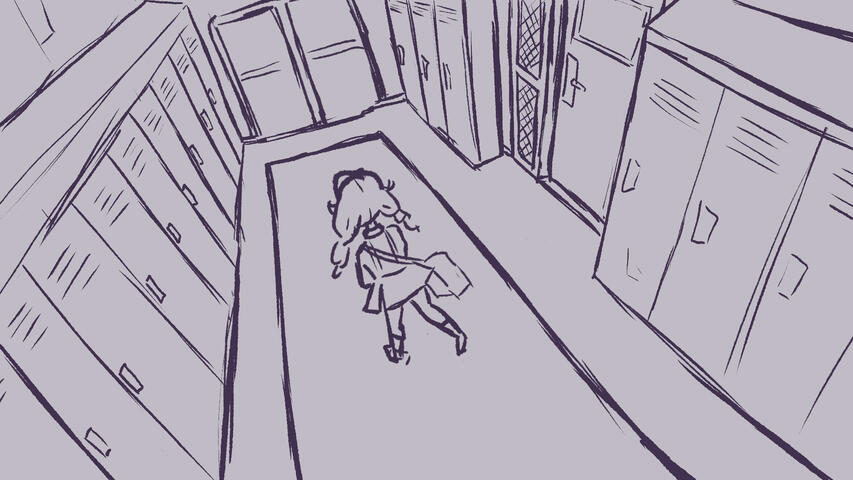 A shot of a school hallway and a girl walking down the hallway towards a pair of double doors.