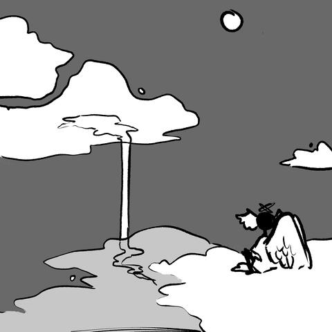 A storyboard concept still of Heaven (character description in character designs section, but imagine a biblically correct angel) sitting on a cloud looking and two other pretty clouds.
