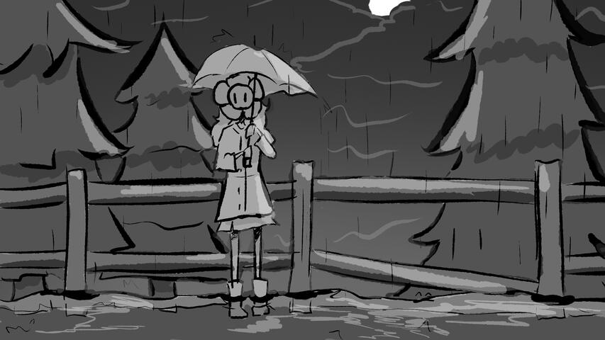 A storyboard concept still of Heevan (my main sona, feminine human with a flower for a face) standing in rain and a few inches of water, outside by a log fence holding an umbrella.