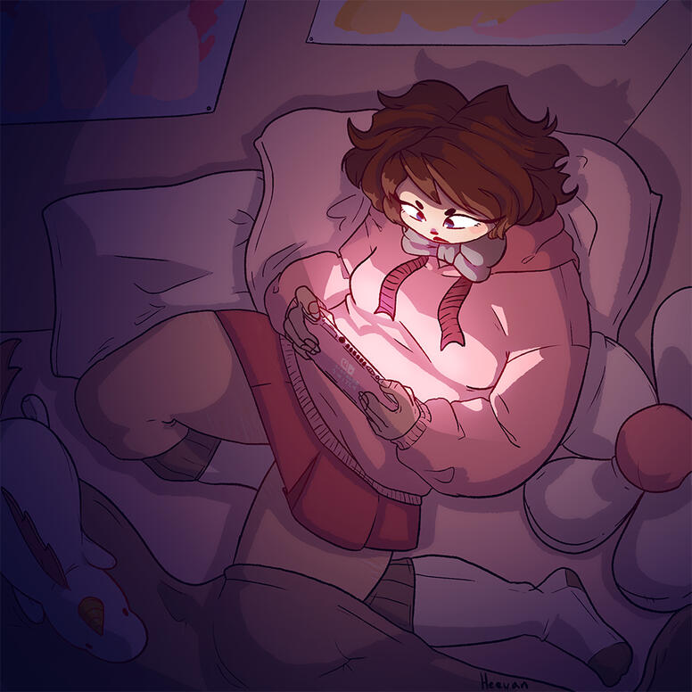 A feminine presenting character wearing mostly pink in a bed playing on a pink nintendo switch lite.