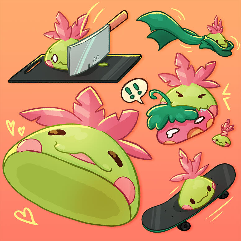 A few different of my fan drawings and angles of a pink and green leafling character made by Hima as part of 5up's merch.