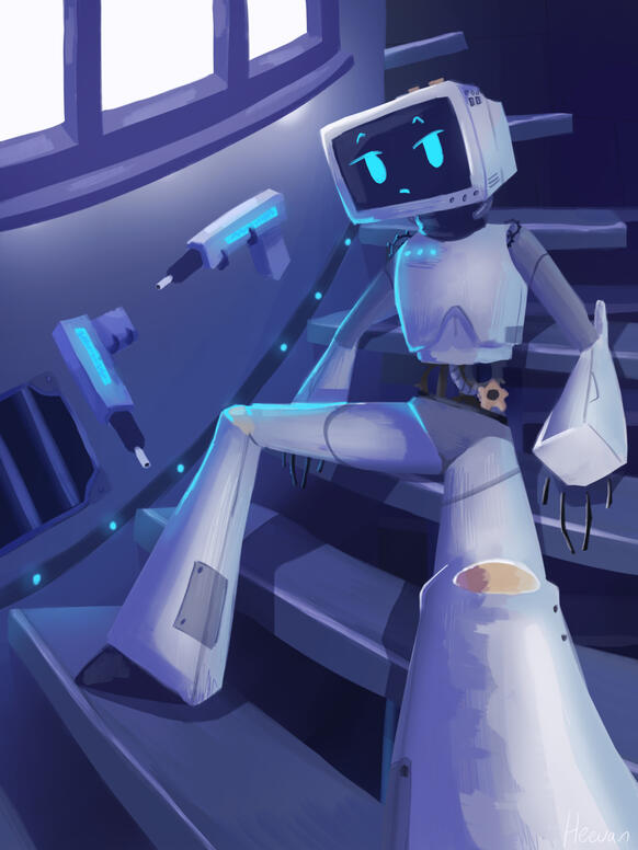 A robot character with a monitor for a head in a digital painting style sitting on a spiral stair case, the drawing is almost entirely in shades of blue.