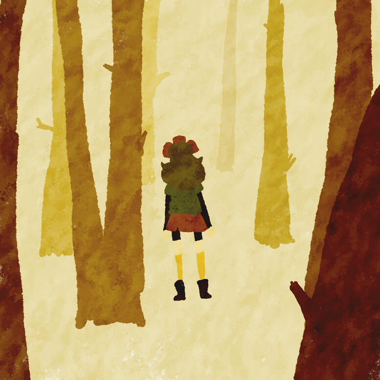 A simple watercolor style drawing with my main persona Heevan (feminine human character with flower for face) facing away from us in the middle of a forest.