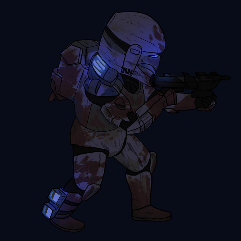 A chibi version of a Mandalorian character in the dark with some glowy bits on his kit. He i primarily white but covered in dry red paint and weathered. He holds a star wars esc gun.