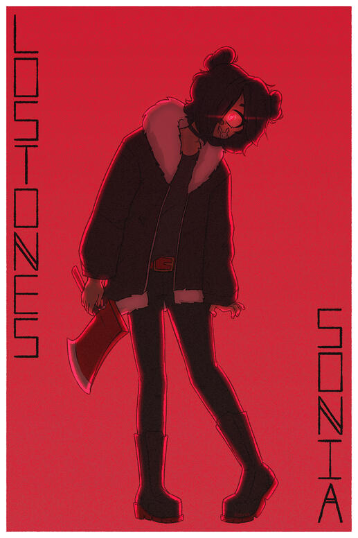 A femine presenting character wearing primarily black on a red backgroung holding an ax and bent over in an unnerving way.